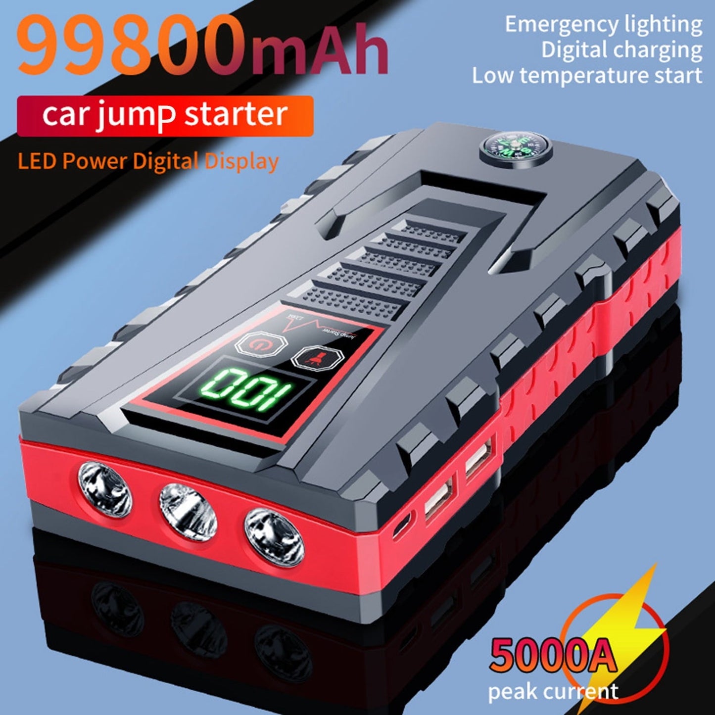 PRAXO Multi-functional Car Jump Starter, 5000A Peak 99800mAh Battery Jump Starter, 12V Car Battery Charger, Auto Battery Booster w/ LCD Display & 3 LED Modes, Portable Power Bank Charger