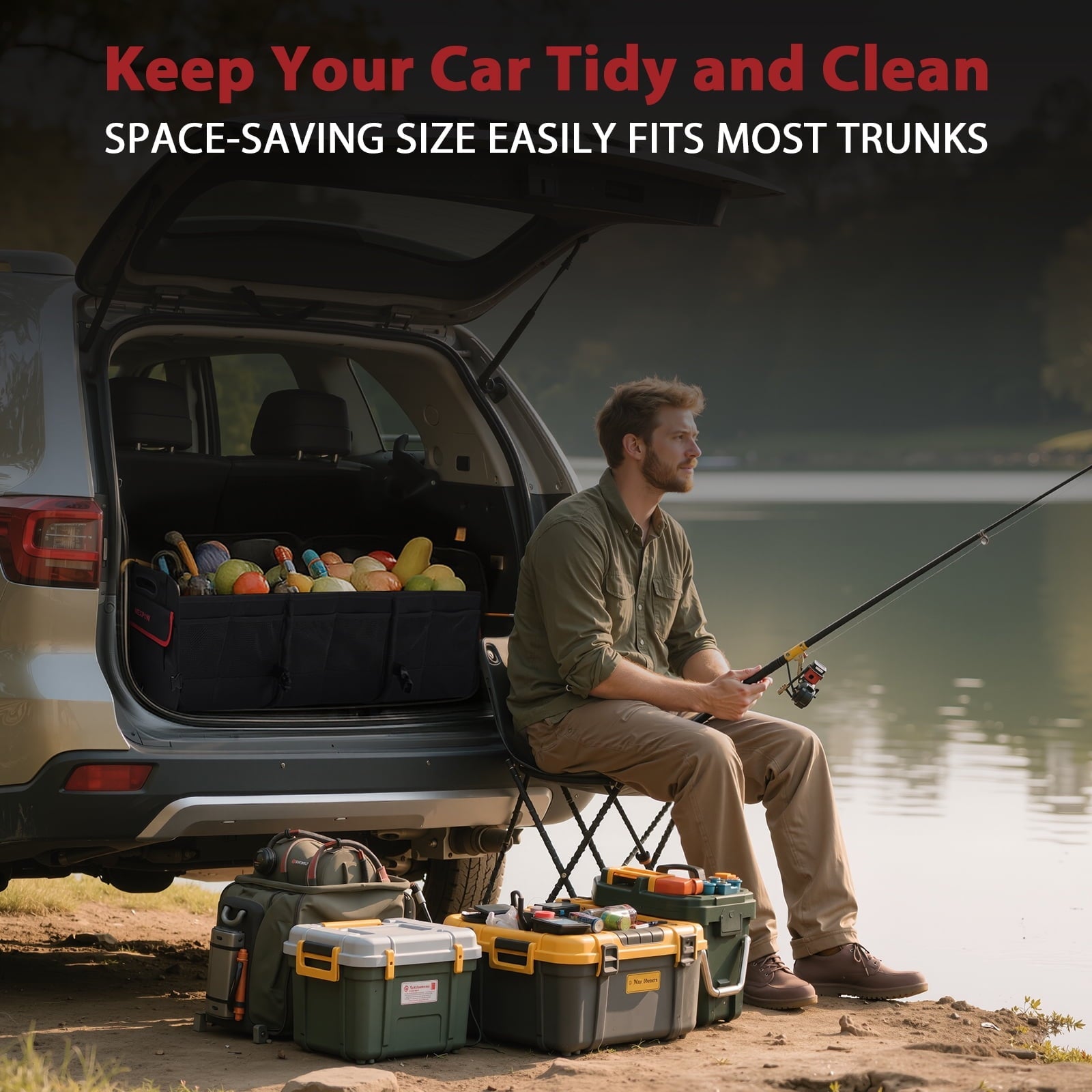 NEXPOW Car Trunk Organizer, 95L Collapsible SUV Organizer, Multi-Compartment, Car Storage Box with 2 Adjustable Straps for Women Men