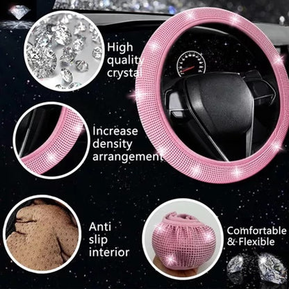 Bling Crystal Diamond Steering Wheel Cover, 13Pcs Shiny Rhinestone Sparkling Car Interior Decorations, Car Accessories for Women Girls,-Pink