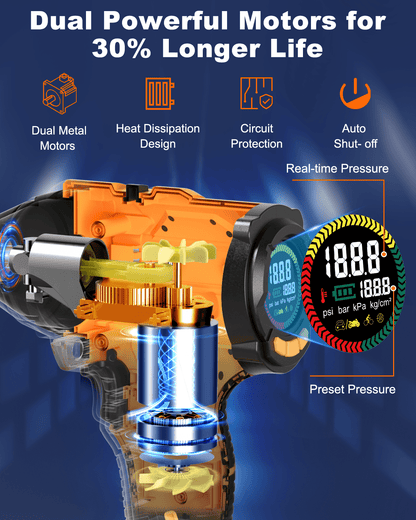 AUTDER 21V Portable Tire Inflator 180PSI Digital Air Compressor with Gauge, 12V Adapter, Yellow