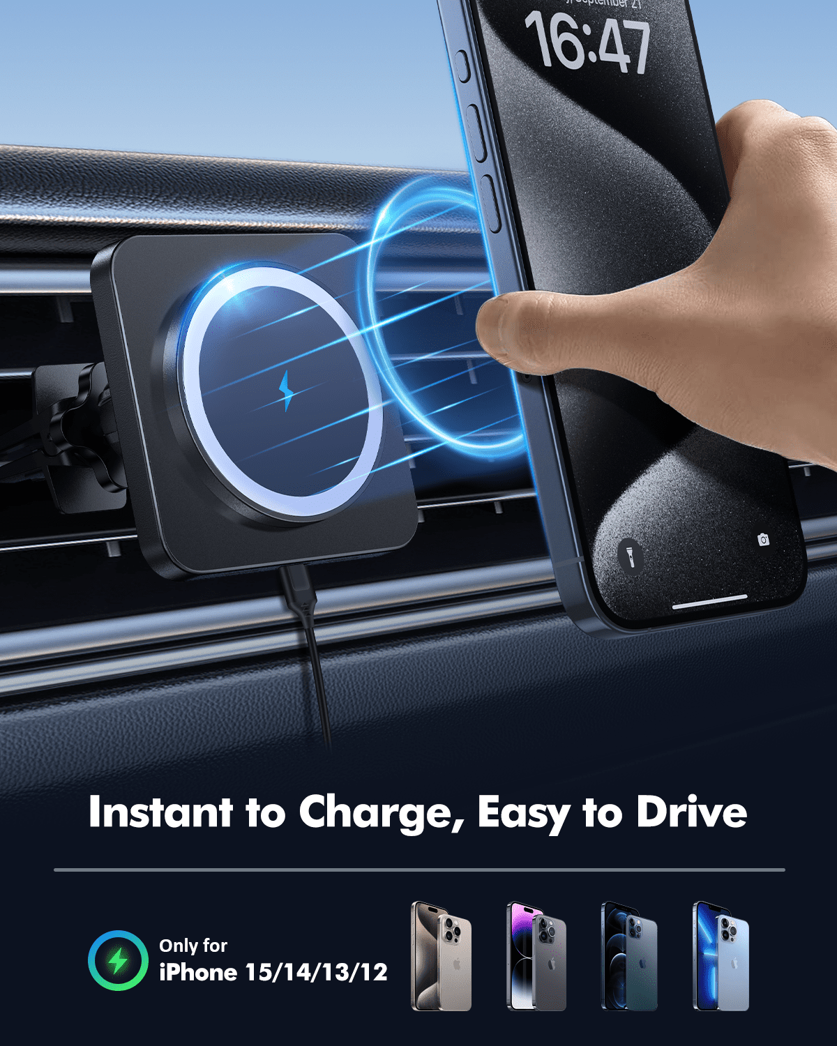 Car Mag-Safe Wireless Charger - Car Mount Fast Charging Air Vent Phone Holder Mount for iPhone 17/16/15/14/13/12 - Black