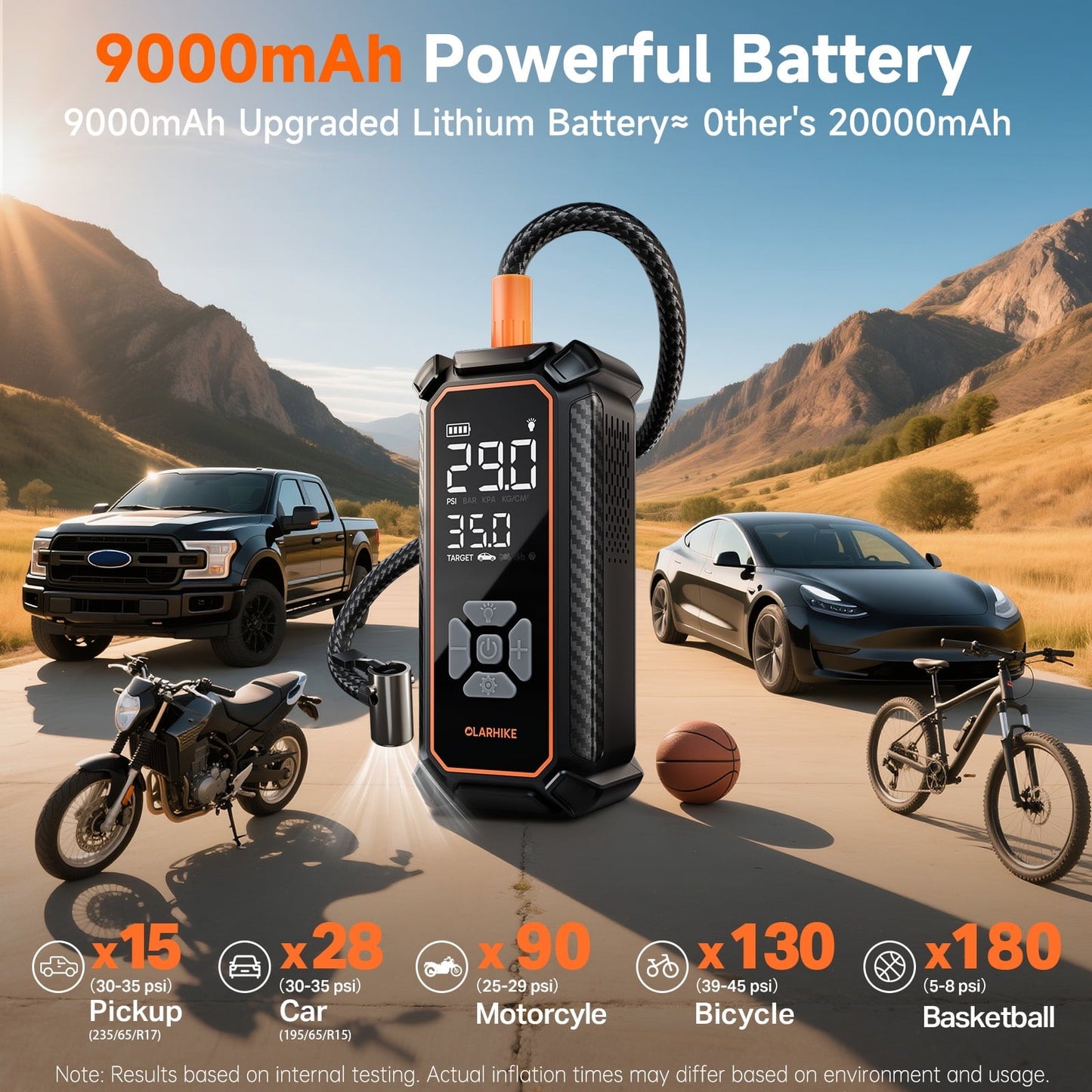 OlarHike Tire Inflator Portable Air Compressor, 9000mAh Battery Powered, 150PSI Dual Mode, Auto Air Pump for Car Tires, Motorcycle, Bicycle,Bike, Electric Pump with LED Light & Digital Pressure Gauge
