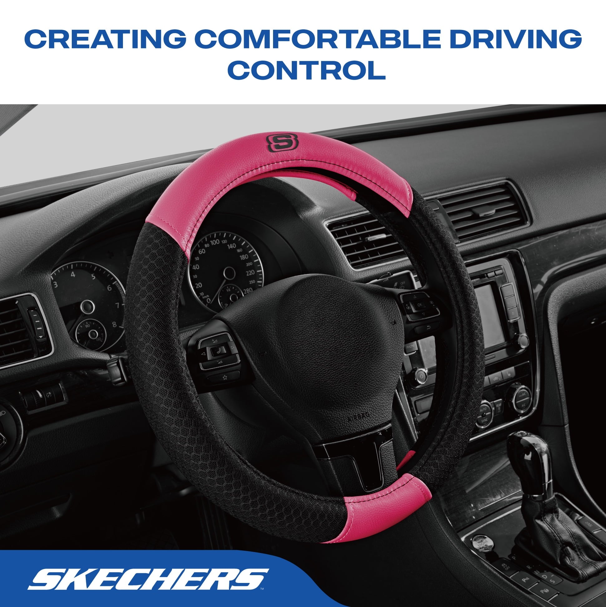 Skechers Air Cooled Memory Foam Steering Wheel Cover, Breathable Comfort Grip, Soft Leather, All-Season Fit for Cars, SUVs, and Trucks Hot Pink