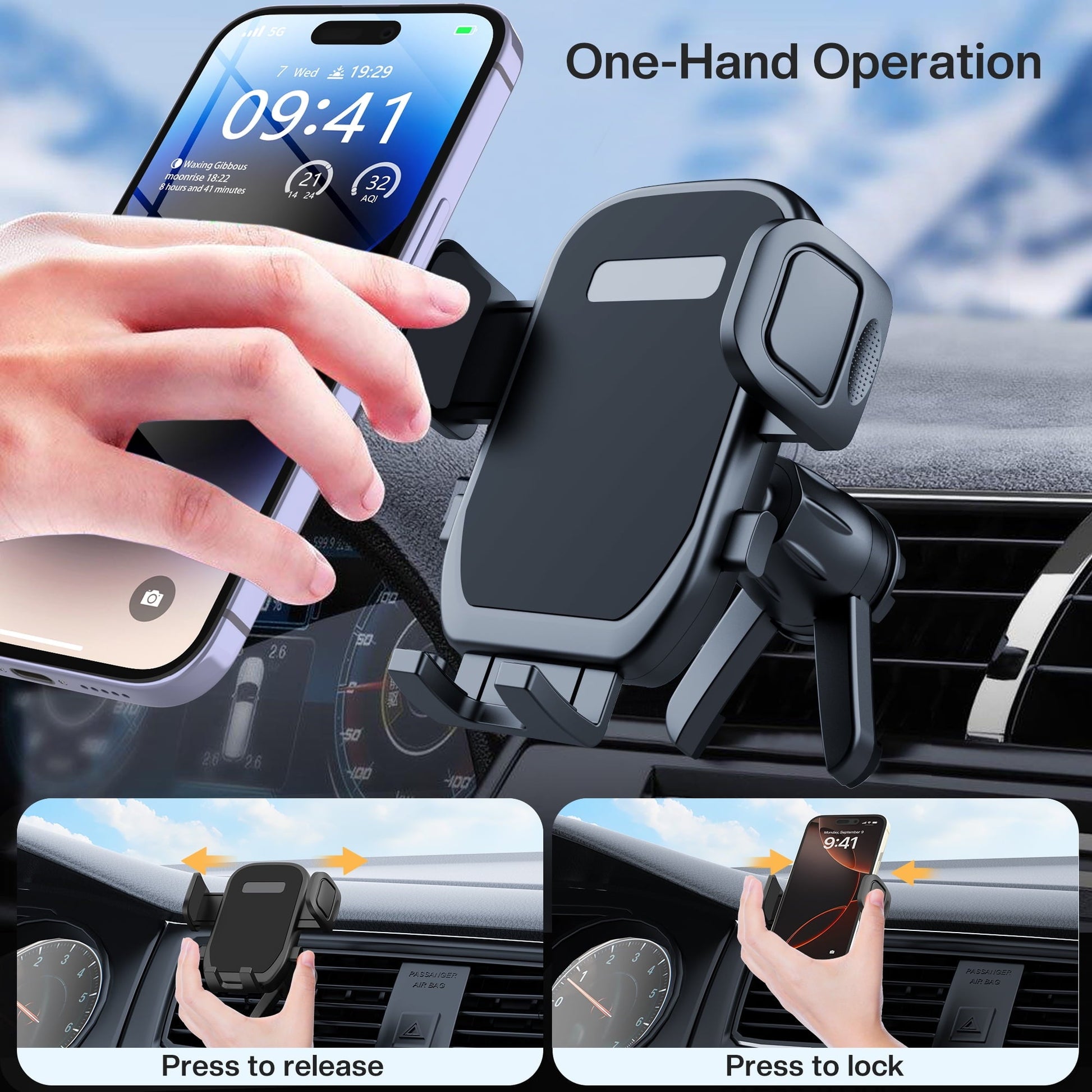 MaxAngel 3-in-1 Car Phone Holder with Military-Grade Suction Cup, Metal Hook Ventilation Clip, 360° Rotating Phone Holder for iPhone, Samsung & Android Smartphones,Black
