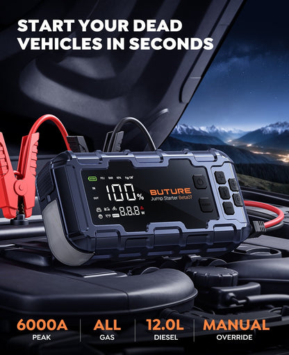 BUTURE 6000A Car Jump Starter with Air Compressor 160 PSI, 45W Charging Battery Booster Pack (All gas/12L Diesel), 7-in-1 Jump Starter Power Bank with LED Display