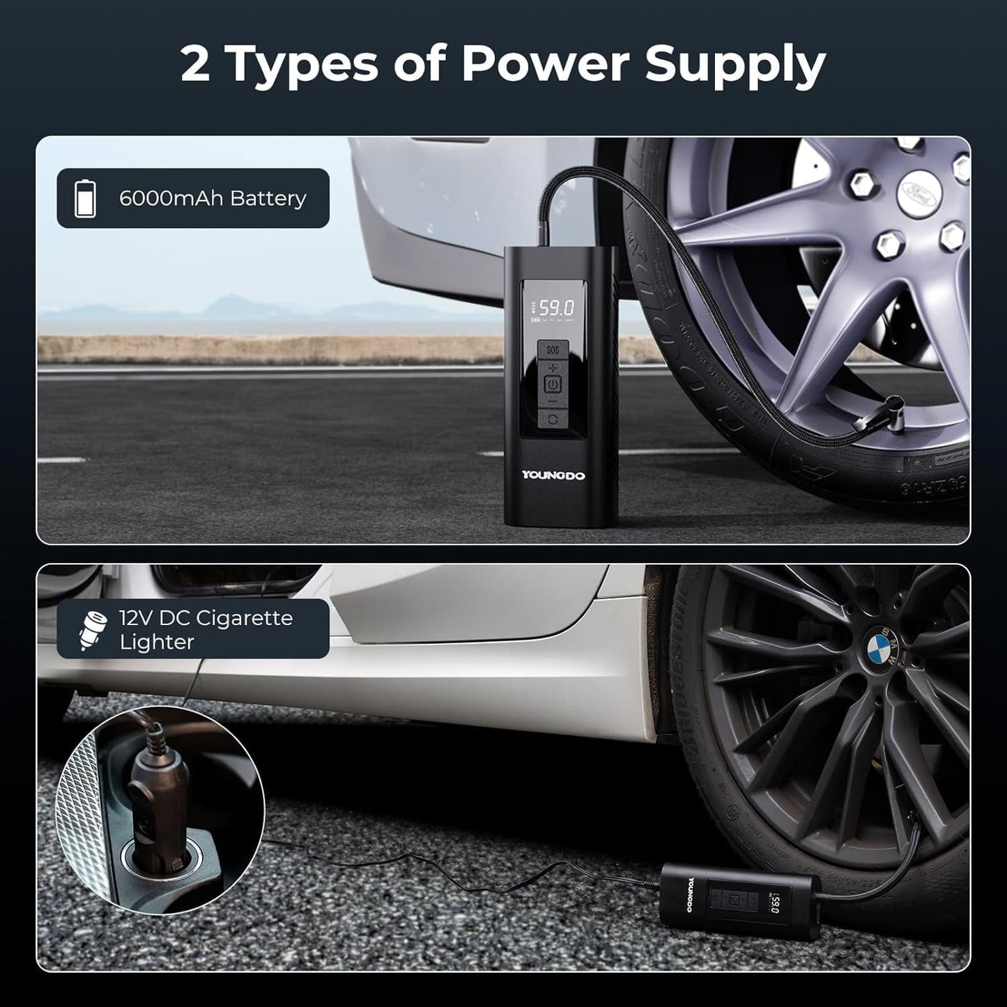 YOUNDO Tire Inflator Portable, Air Compressor Rechargeable 6000mAh Tire Pump for Car Moto Bike Balls