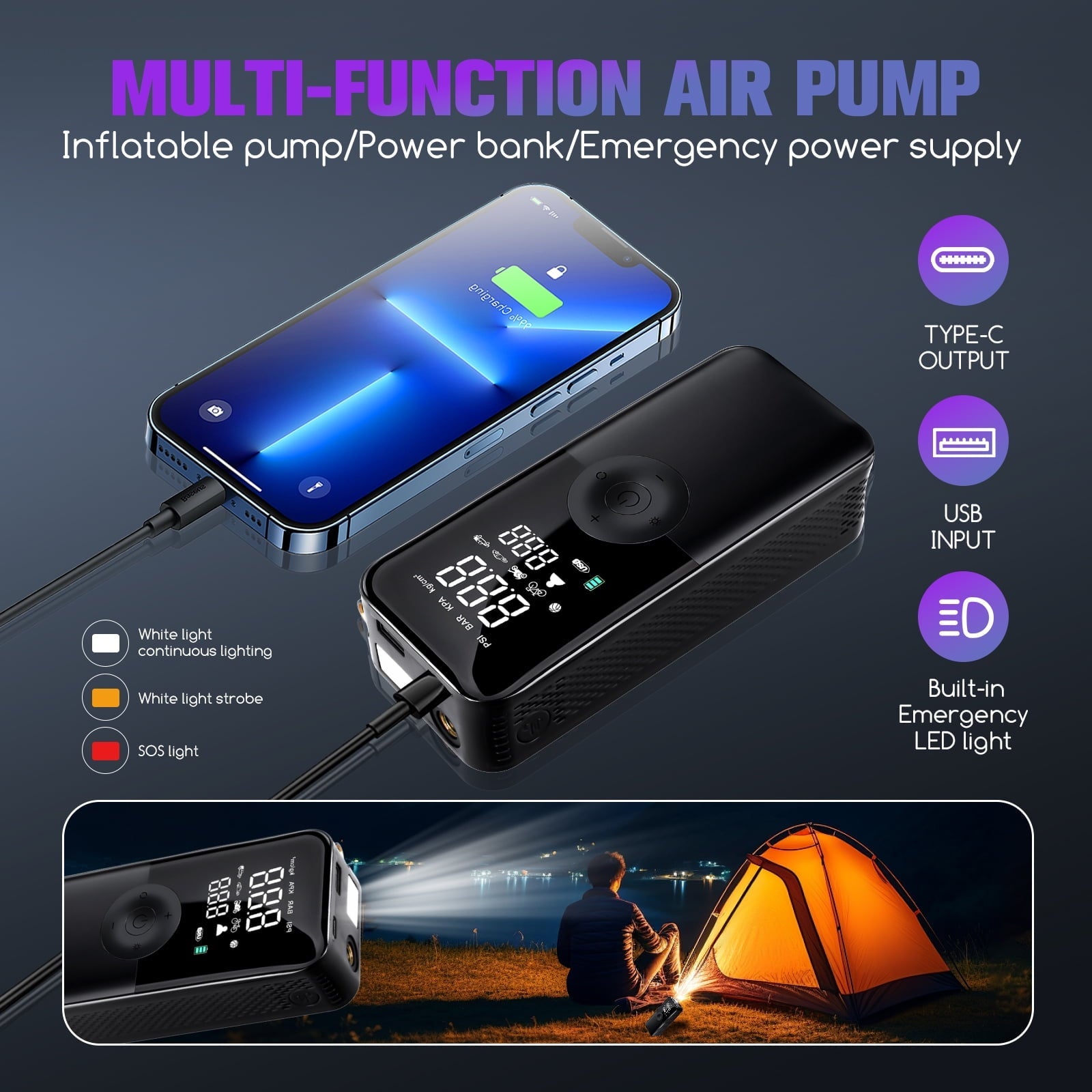 PHANCIR Cordless Tire Inflator Portable Air Compressor, 150 PSI Digital Display Multi-Function Air Pump with Automatic Shutoff & 3 Modes LED Light for Car, Motorcycles, Bicycles, Balls